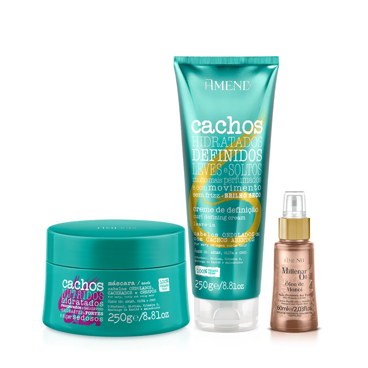 Amend Cachos Masc 250ml + Leave-in Ondulado 250ml + Millenar Oil Monói 60ml | By Linda