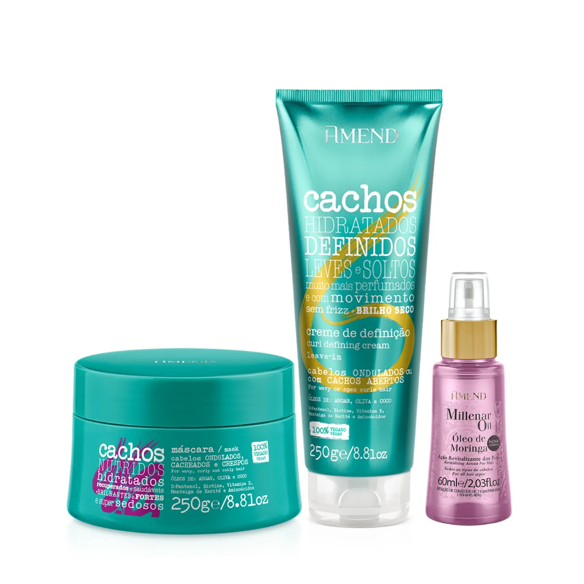 Amend Cachos Masc 250ml + Leave-in Ondulado 250ml + Millenar Oil Moringa 60ml | By Linda
