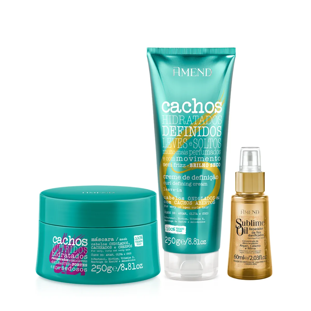 Amend Cachos Masc 250ml + Leave-in Ondulado 250ml + Sublime Oil 60ml | By Linda