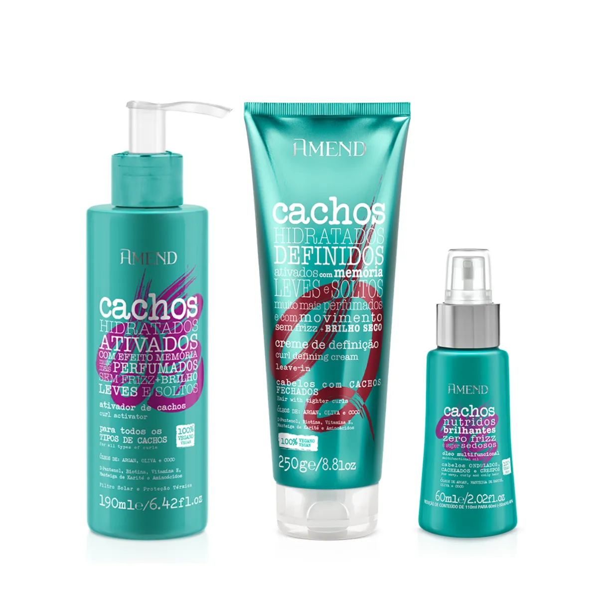 Amend Cachos Ativador de Cachos 190ml + Leave-in Cacheado 250ml + Óleo Multifuncional 60ml | By Linda