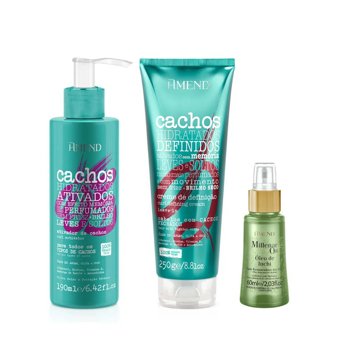 Amend Cachos Ativador de Cachos 190ml + Leave-in Cacheado 250ml + Millenar Oil Inchi 60ml | By Linda