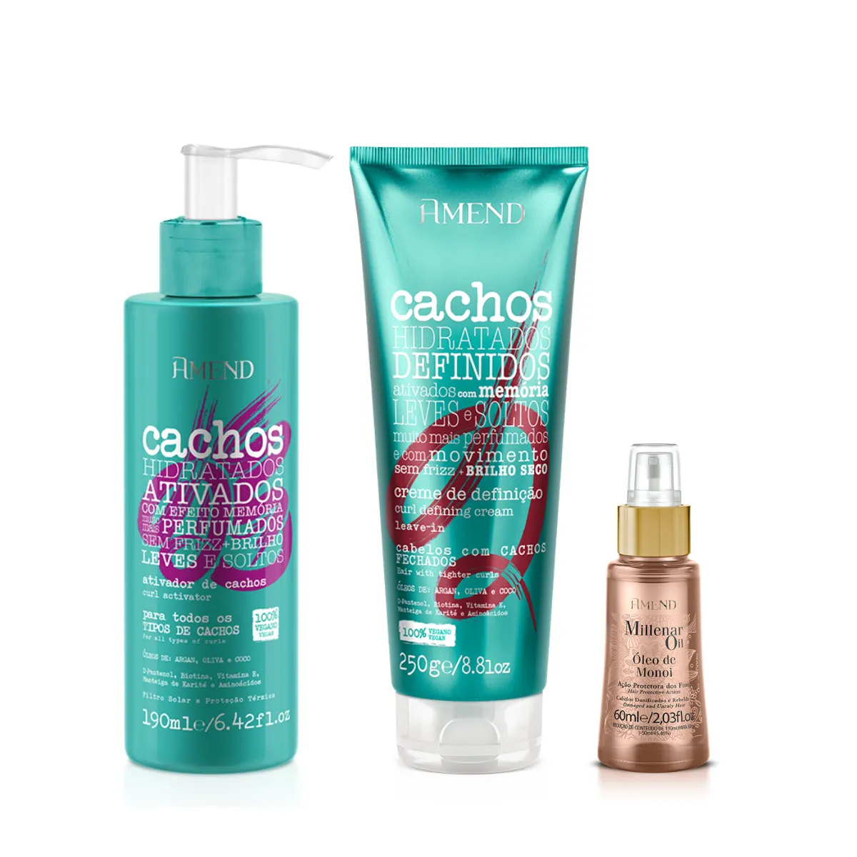 Amend Cachos Ativador de Cachos 190ml + Leave-in Cacheado 250ml + Millenar Oil Monói 60ml | By Linda