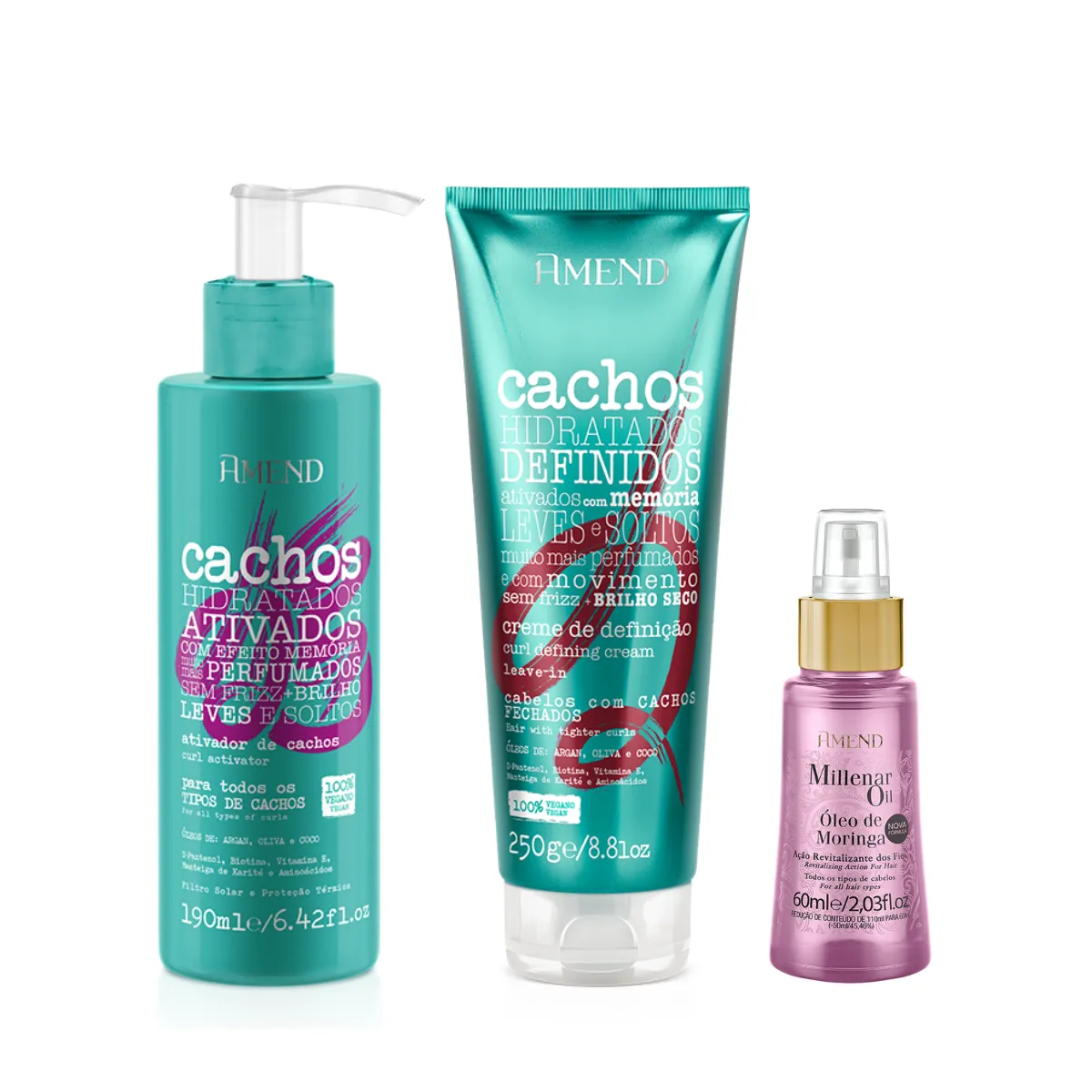 Amend Cachos Ativador de Cachos 190ml + Leave-in Cacheado 250ml + Millenar Oil Moringa 60ml | By Linda