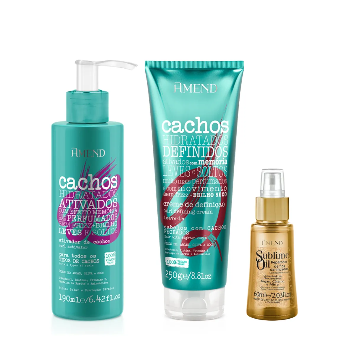 Amend Cachos Ativador de Cachos 190ml + Leave-in Cacheado 250ml + Sublime Oil 60ml | By Linda