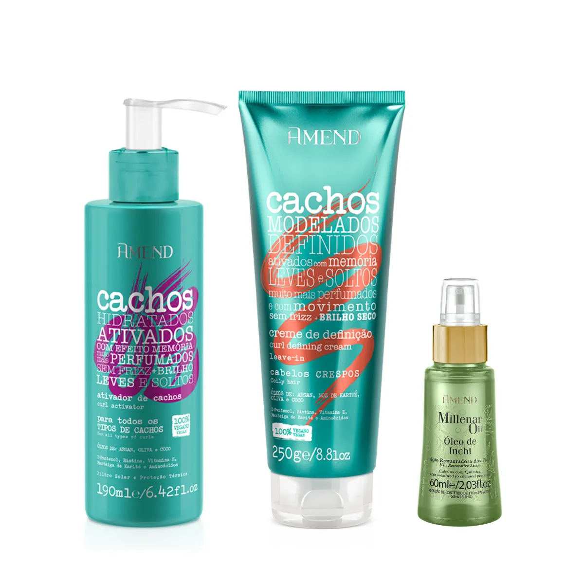 Amend Cachos Ativador de Cachos 190ml + Leave-in Crespo 250ml + Millenar Oil Inchi 60ml | By Linda