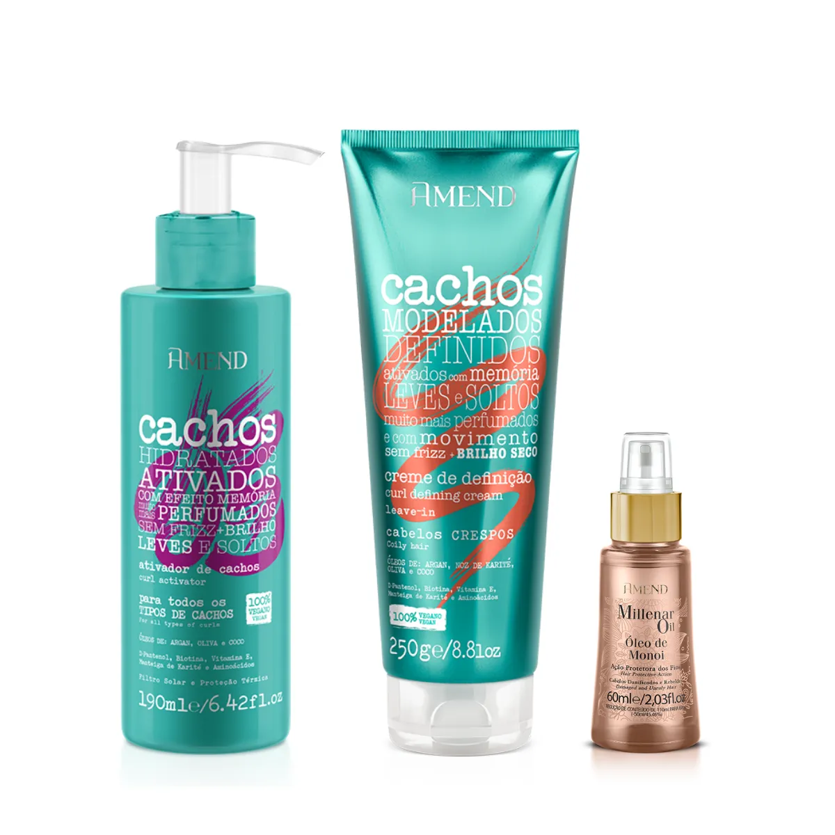 Amend Cachos Ativador de Cachos 190ml + Leave-in Crespo 250ml + Millenar Oil Monói 60ml | By Linda