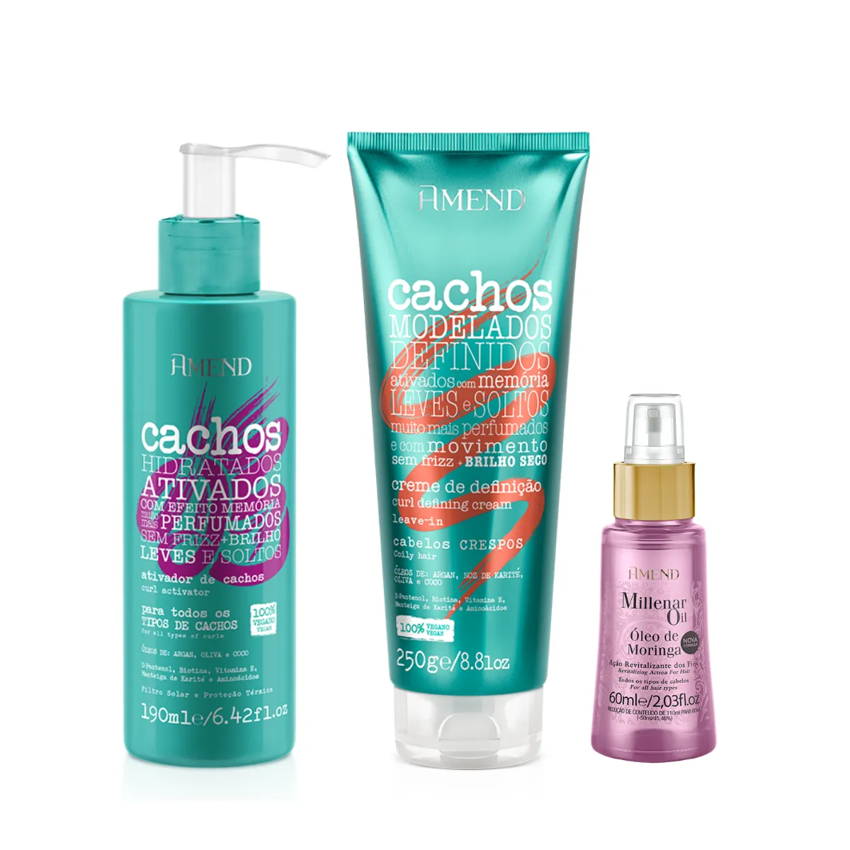 Amend Cachos Ativador de Cachos 190ml + Leave-in Crespo 250ml + Millenar Oil Moringa 60ml | By Linda