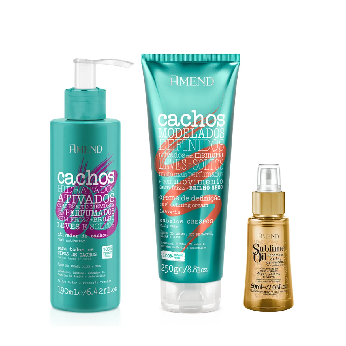 Amend Cachos Ativador de Cachos 190ml + Leave-in Crespo 250ml + Sublime Oil 60ml | By Linda