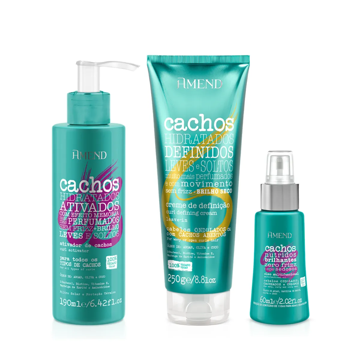 Amend Cachos Ativador de Cachos 190ml + Leave-in Ondulado 250ml + Óleo Multifuncional 60ml | By Linda