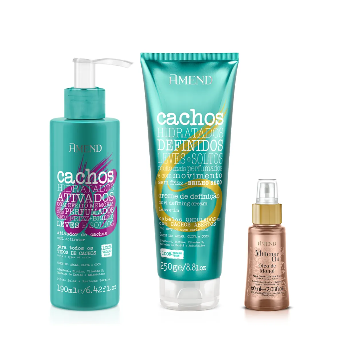 Amend Cachos Ativador de Cachos 190ml + Leave-in Ondulado 250ml + Millenar Oil Monói 60ml | By Linda
