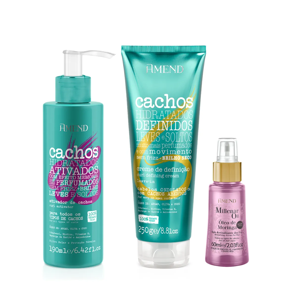 Amend Cachos Ativador de Cachos 190ml + Leave-in Ondulado 250ml + Millenar Oil Moringa 60ml | By Linda