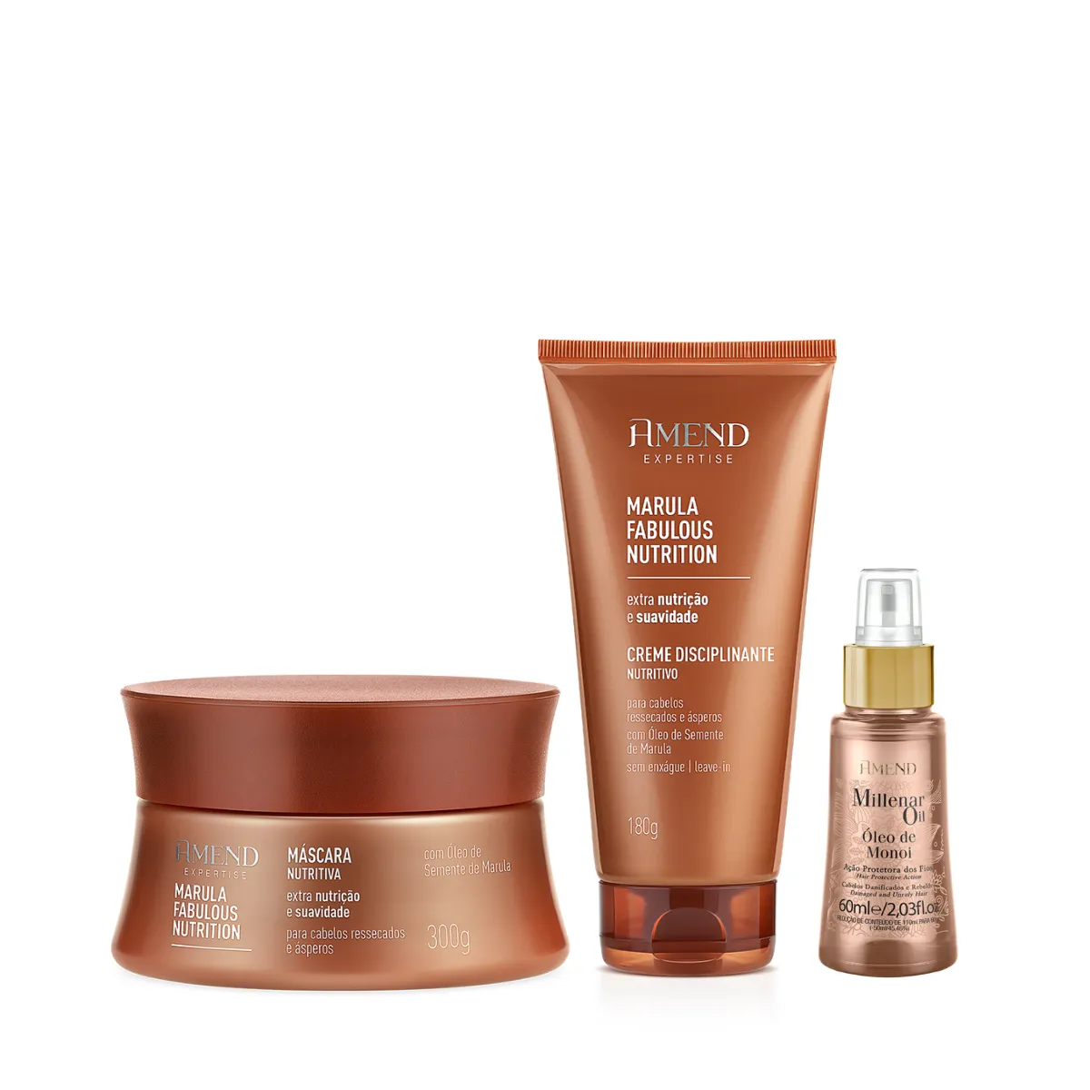 Amend Expertise Marula Fabulous Masc 300ml + Leave-in 180ml + Millenar Oil Monói 60ml | By Linda