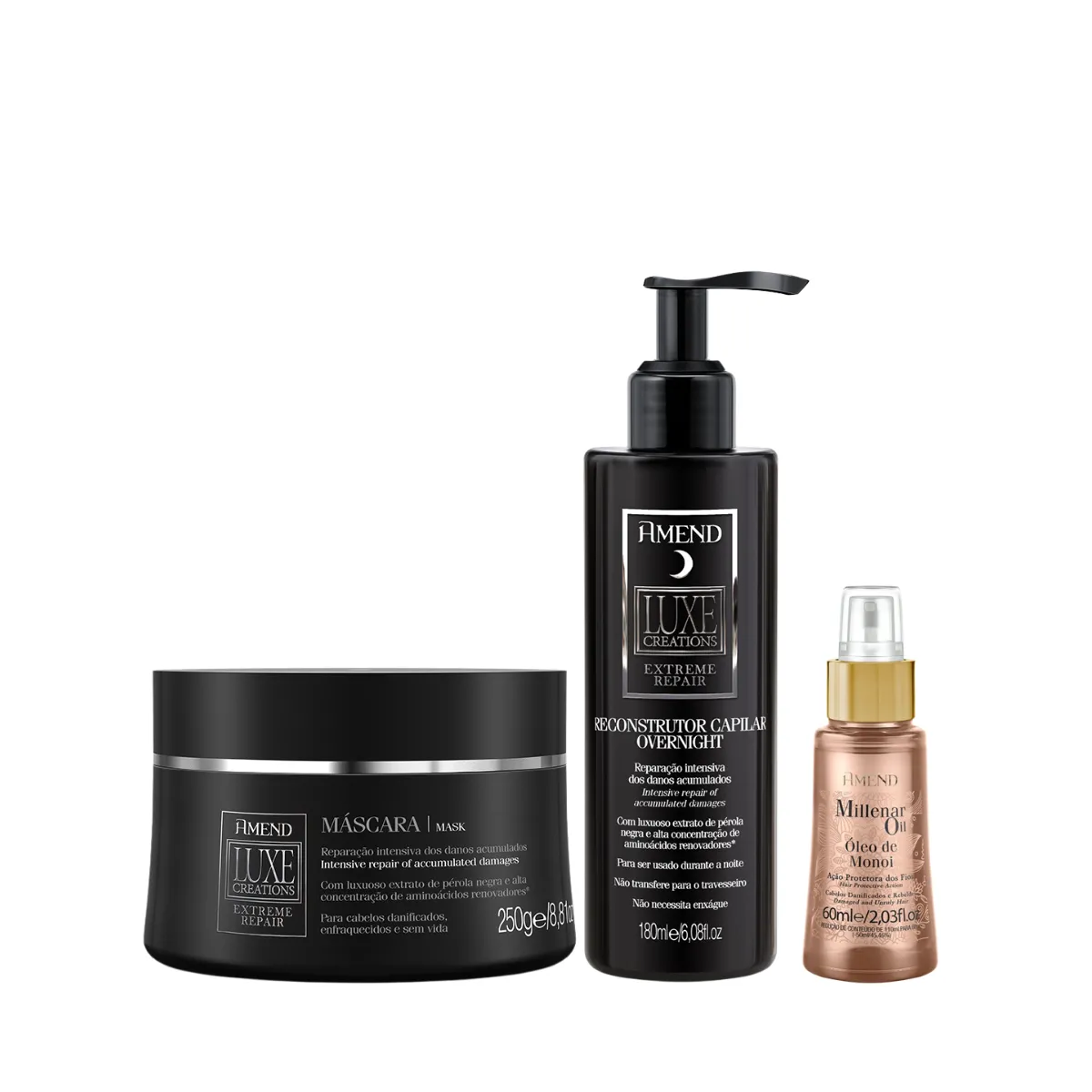 Amend Luxe Creations Extreme Repair Masc 300ml + Overnight 180ml + Millenar Oil Monói 60ml | By Linda