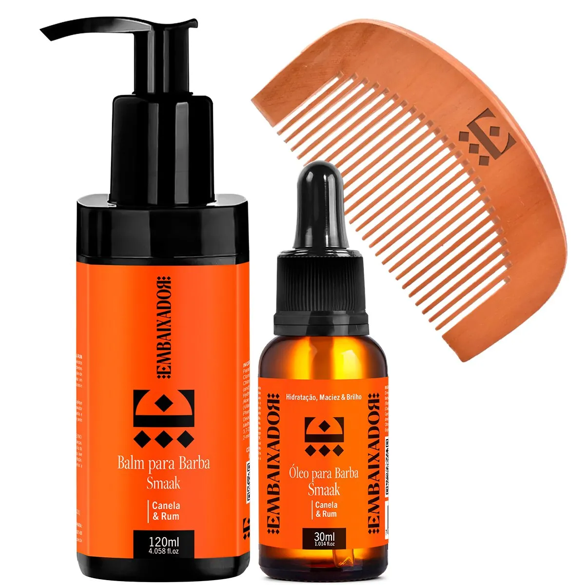 Kit Óleo e Balm para Barba Smaak Canela & Rum + Pente Embaixador
