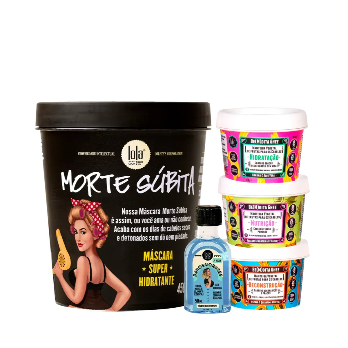Kit Lola Morte Subita Masc + Bemdita Ghee Cronograma 3x 100ml + Danos Vorazes Óleo 50ml | By Linda