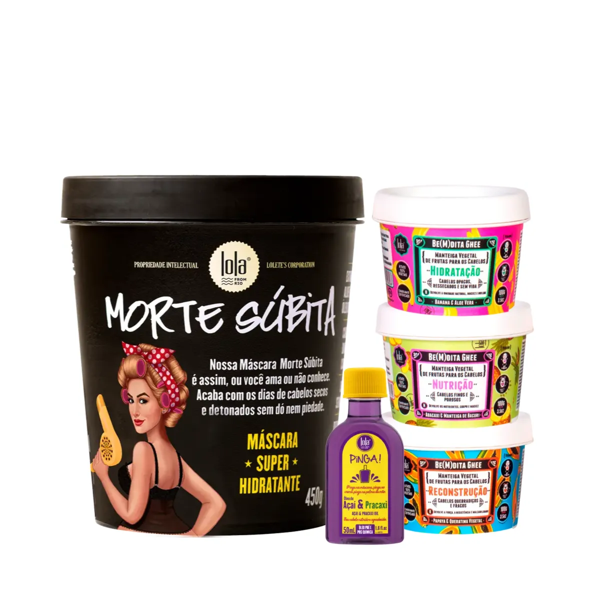 Kit Lola Morte Subita Masc 450ml + Bemdita Ghee Cronograma 3x 100ml + Pinga! Óleo Açaí e Pracaxi | By Linda