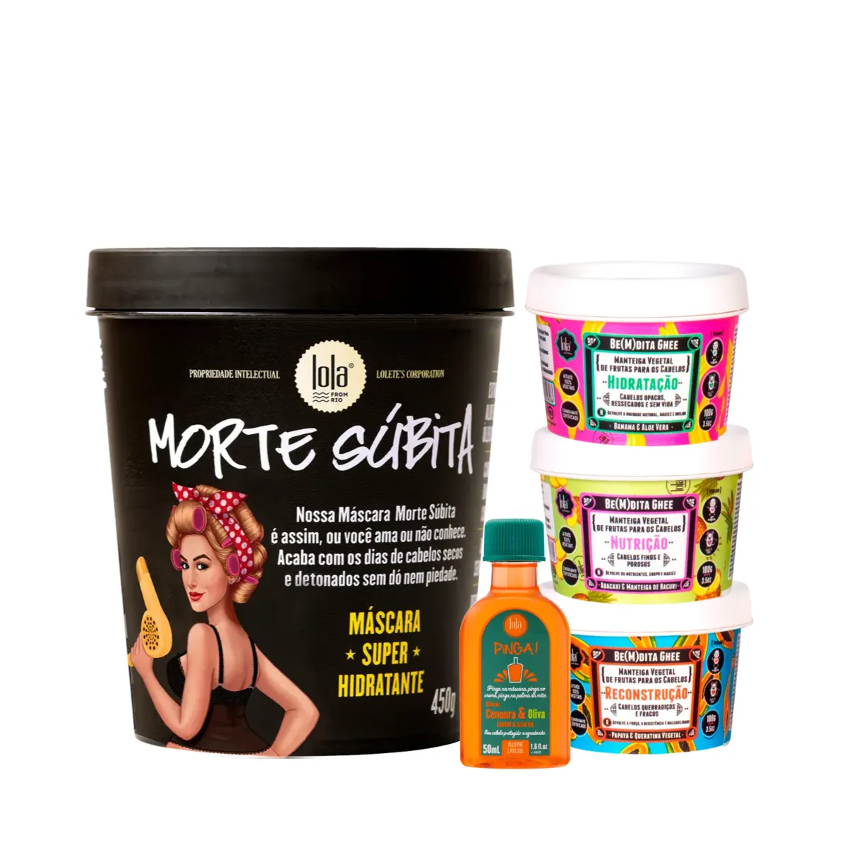 Kit Lola Morte Subita Masc 450ml + Bemdita Ghee Cronograma 3x 100ml + Pinga! Óleo Cenoura e Oliva | By Linda