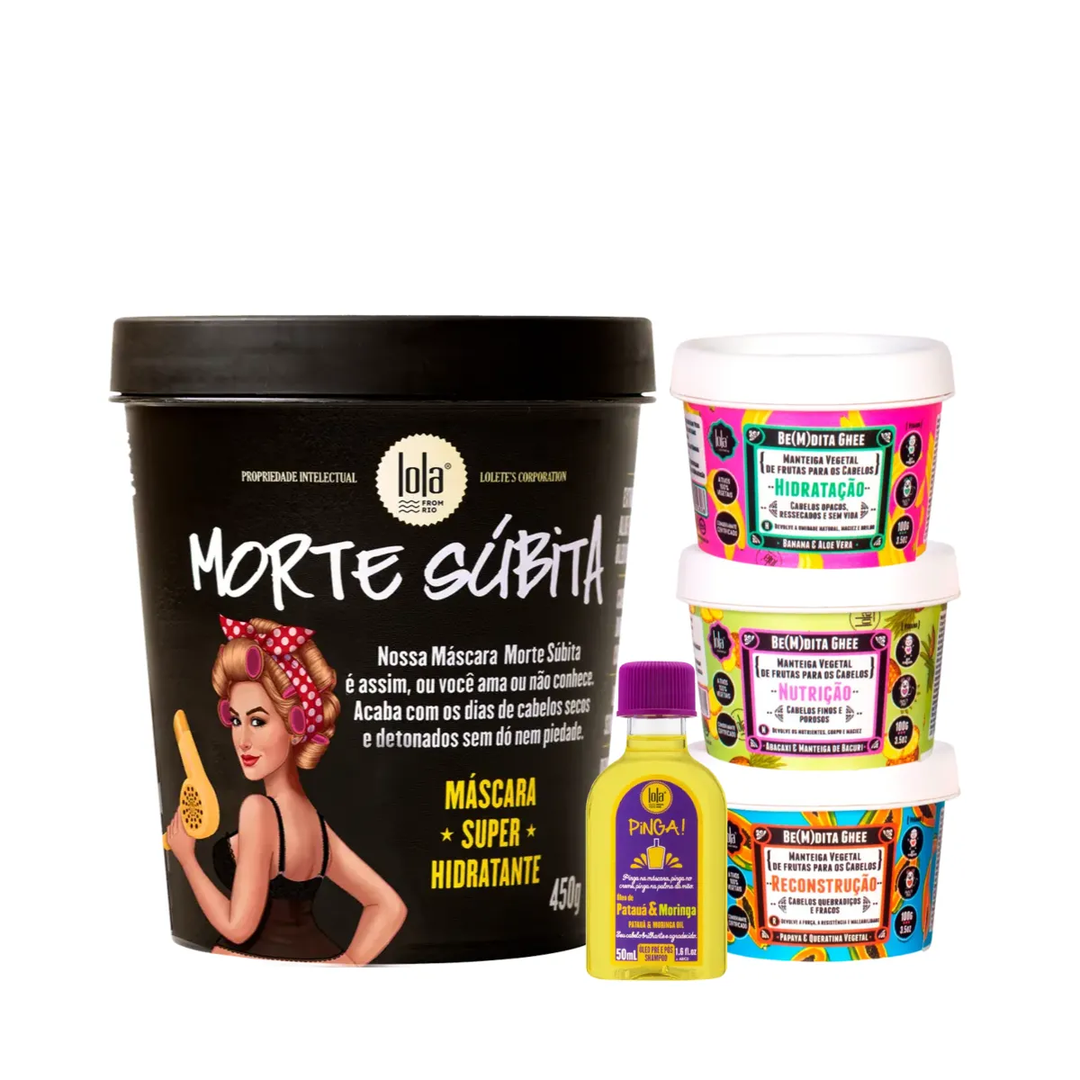Kit Lola Morte Subita Masc 450ml + Bemdita Ghee Cronograma 3x 100ml + Pinga! Óleo Pataúa e Moringa | By Linda