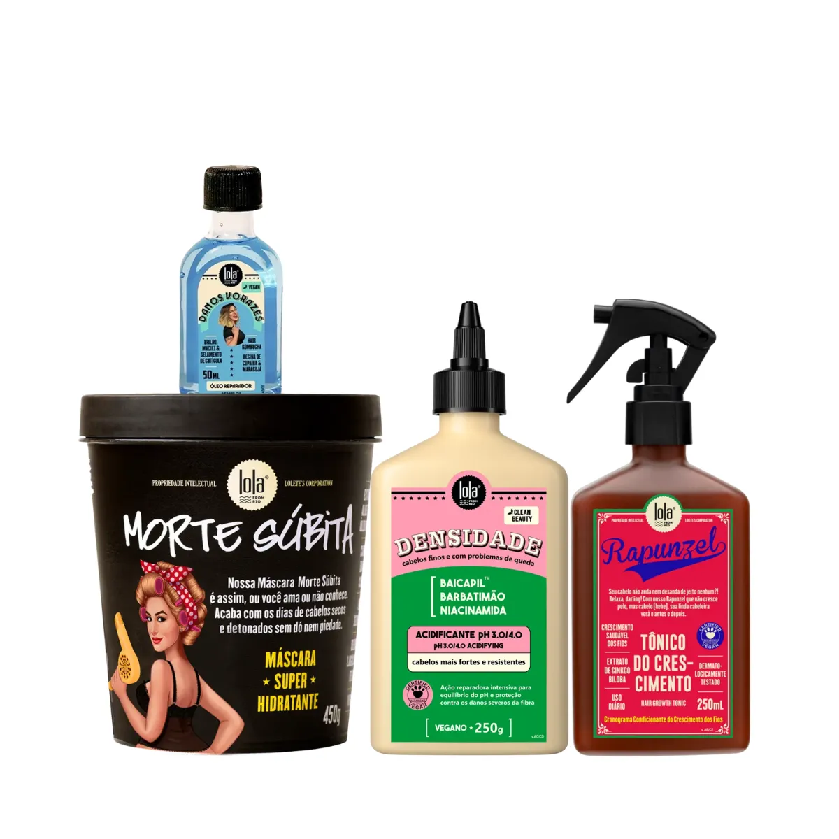 Kit Lola Morte Subita Masc + Densidade Acidificante + Rapunzel Tonico + Danos Vorazes Óleo | By Linda