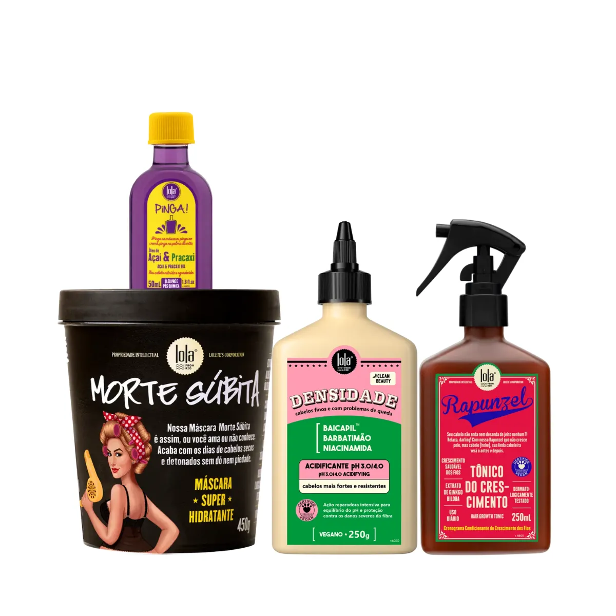 Kit Lola Morte Subita Masc + Densidade Acidificante + Rapunzel Tonico + Pinga! Óleo Açaí e Pracaxi | By Linda