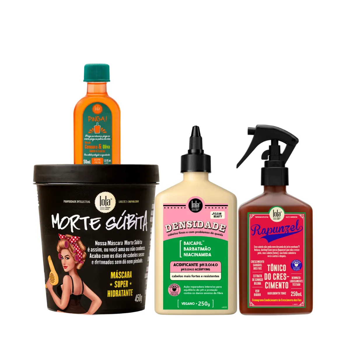 Kit Lola Morte Subita Masc + Densidade Acidificante + Rapunzel Tonico + Pinga! Óleo Cenoura e Oliva | By Linda