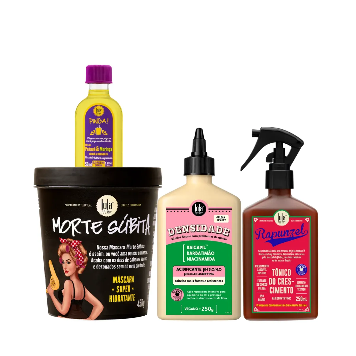Kit Lola Morte Subita Masc + Densidade Acidificante + Rapunzel Tonico + Pinga! Óleo Pataúa e Moringa | By Linda