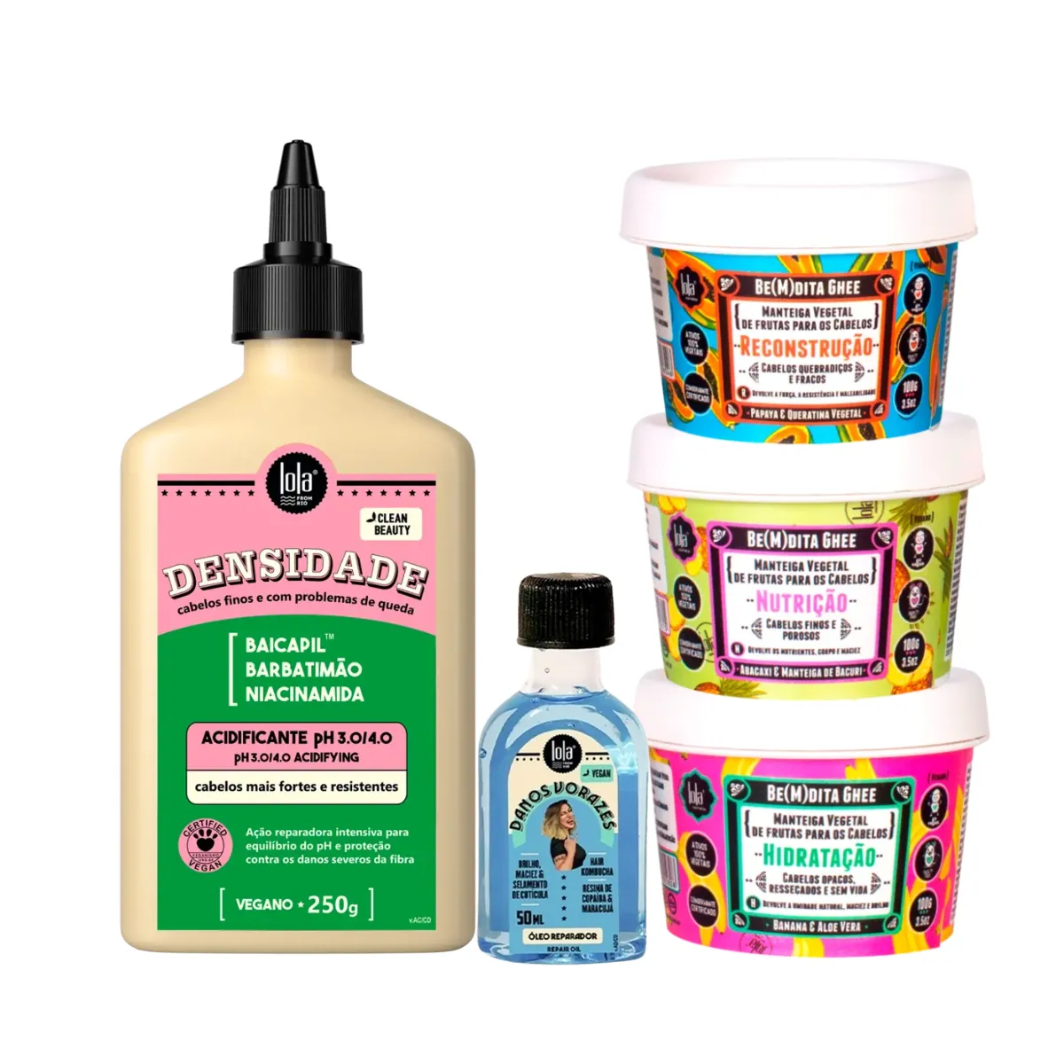 Kit Lola Densidade Acidificante + Bemdita Ghee Cronograma 3x 100ml + Danos Vorazes Óleo | By Linda