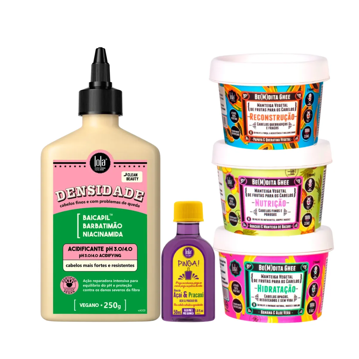Kit Lola Densidade Acidificante + Bemdita Ghee Cronograma 3x 100ml + Pinga! Óleo Açaí e Pracaxi | By Linda