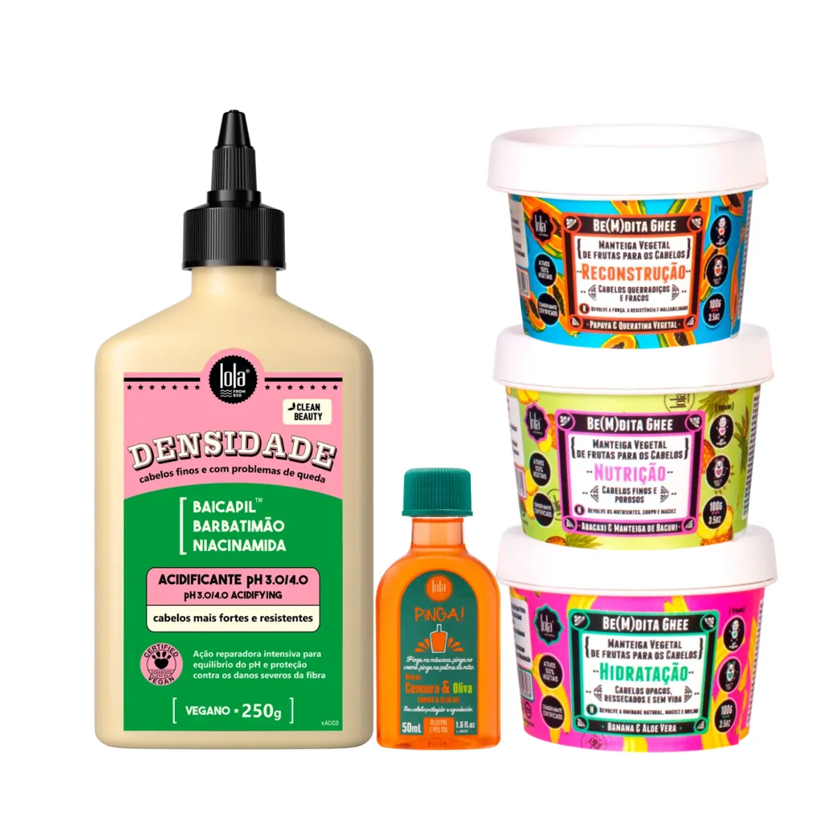 Kit Lola Densidade Acidificante + Bemdita Ghee Cronograma 3x 100ml + Pinga! Óleo Cenoura e Oliva | By Linda