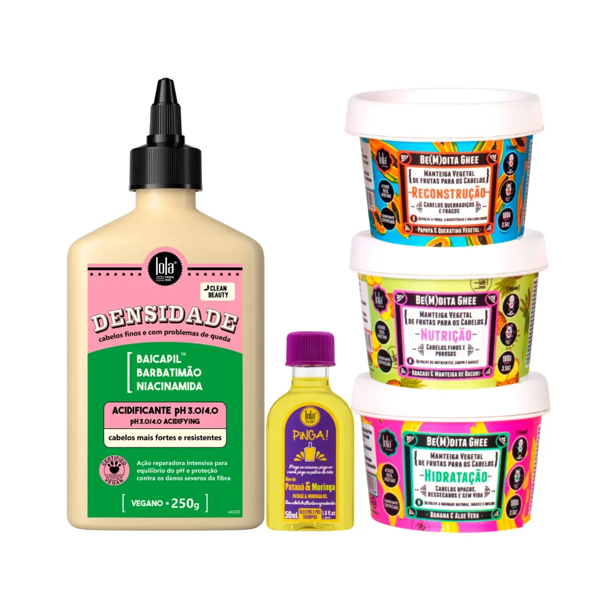Kit Lola Densidade Acidificante + Bemdita Ghee Cronograma 3x 100ml + Pinga! Óleo Pataúa e Moringa | By Linda
