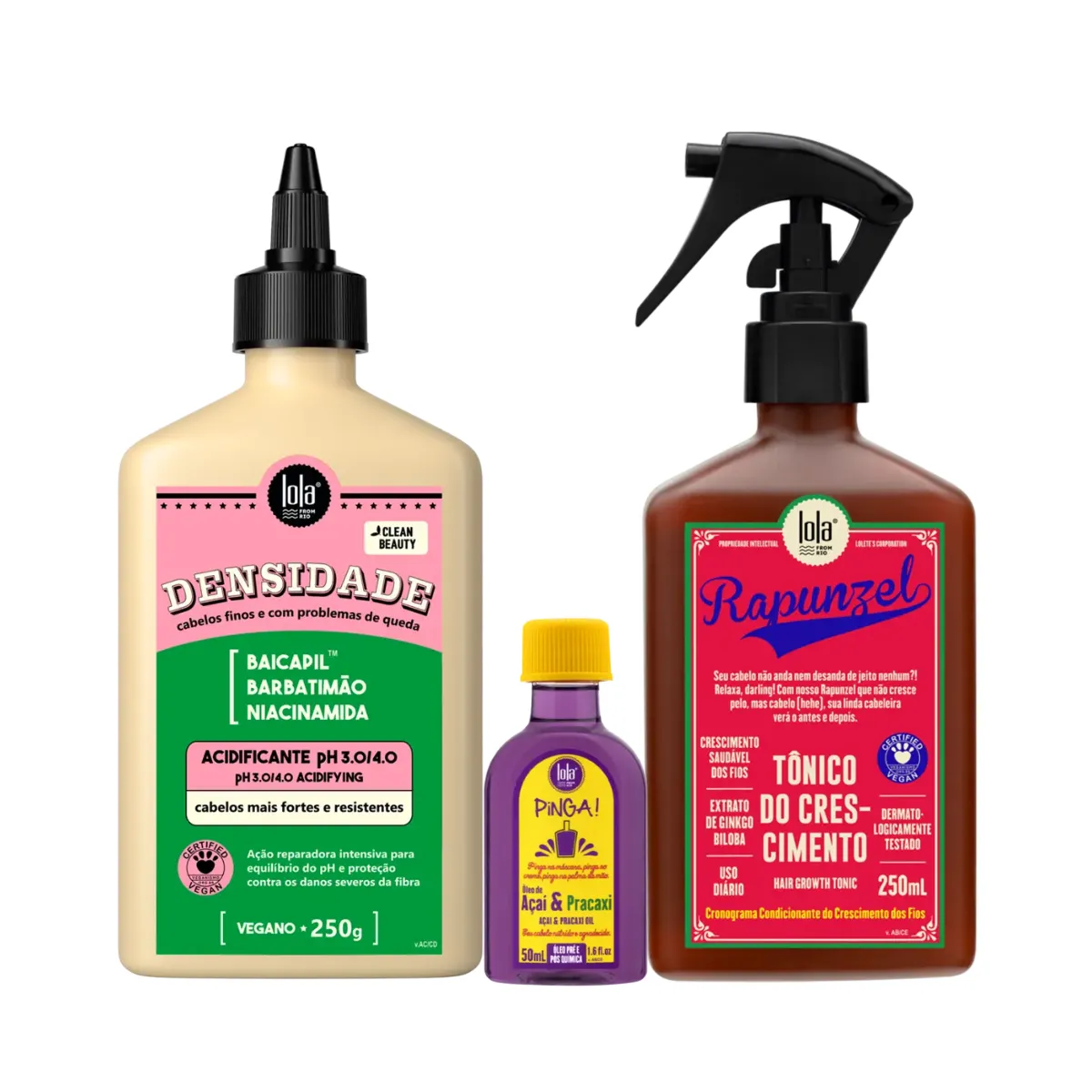 Kit Lola Densidade Acidificante + Rapunzel Tonico + Pinga! Óleo Açaí e Pracaxi | By Linda