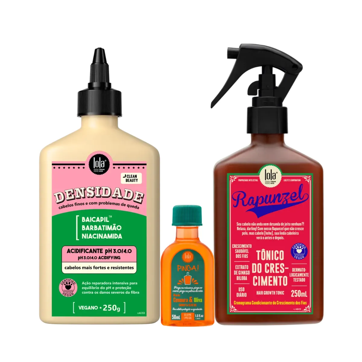 Kit Lola Densidade Acidificante + Rapunzel Tonico de Crescimento + Pinga! Óleo Cenoura e Oliva | By Linda
