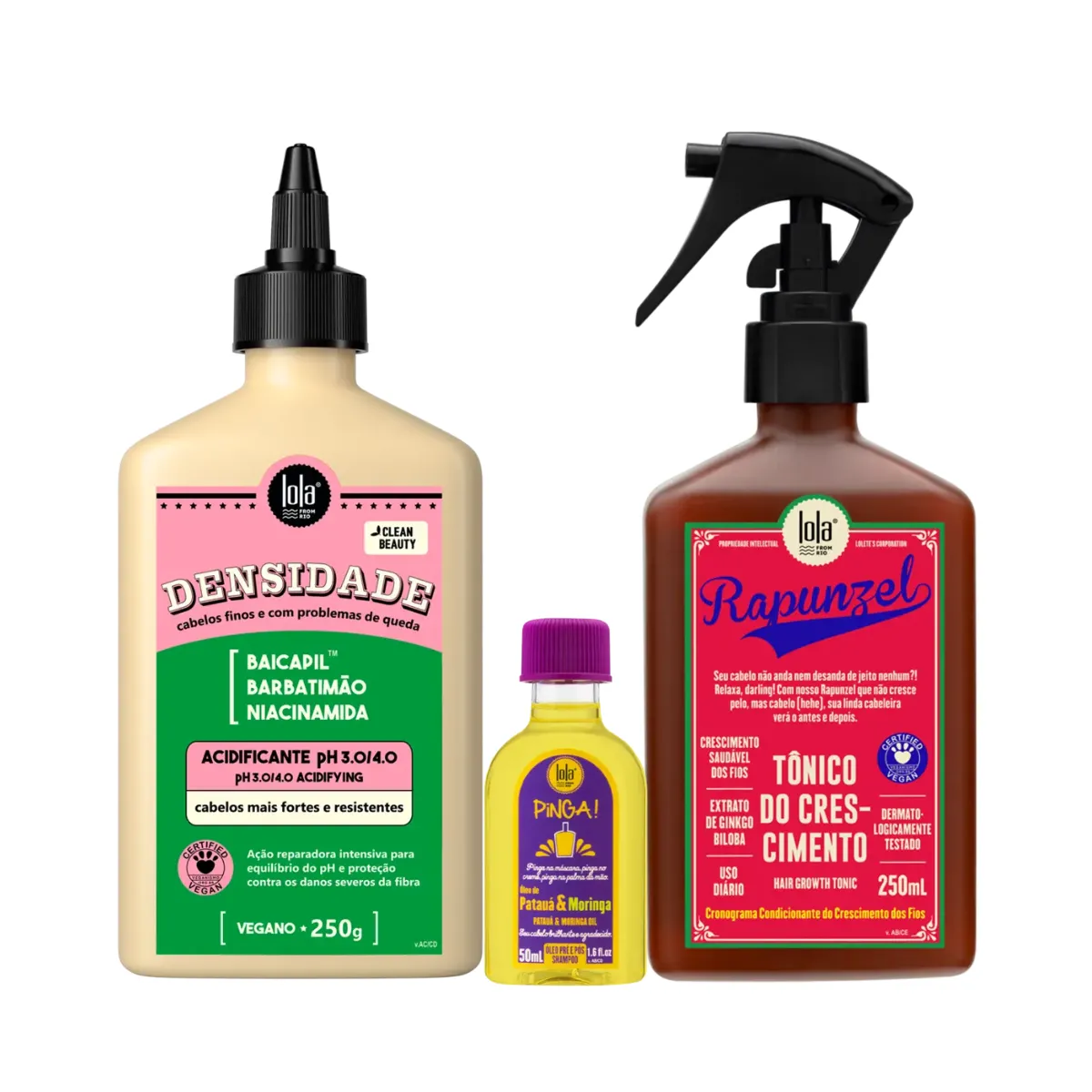 Kit Lola Densidade Acidificante + Rapunzel Tonico de Crescimento + Pinga! Óleo Pataúa e Moringa | By Linda