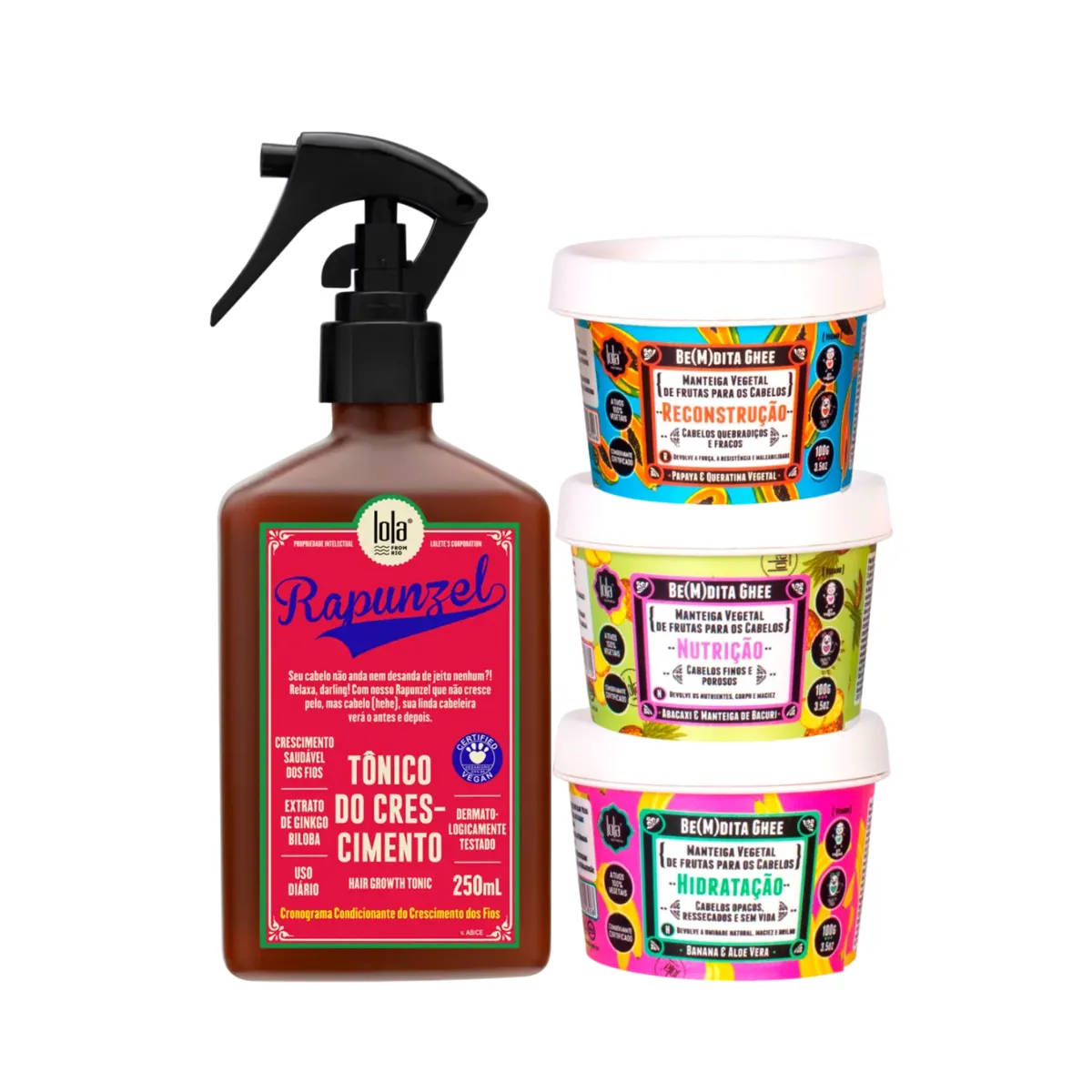 Kit Lola Rapunzel Tonico de Crescimento 250ml + Bemdita Ghee Cronograma 3x 100ml | By Linda
