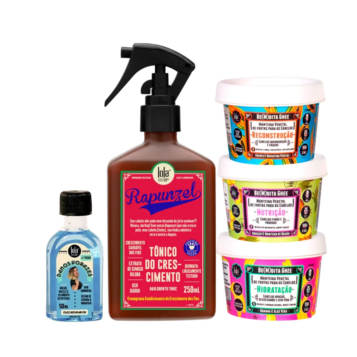 Kit Lola Rapunzel Tonico + Bemdita Ghee Cronograma 3x 100ml + Danos Vorazes Óleo | By Linda