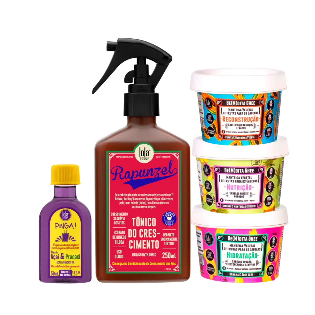 Kit Lola Rapunzel Tonico + Bemdita Ghee Cronograma 3x 100ml + Pinga! Óleo Açaí e Pracaxi | By Linda