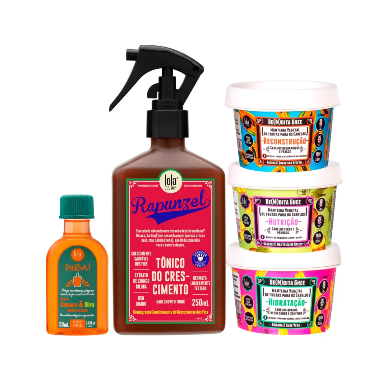 Kit Lola Rapunzel Tonico + Bemdita Ghee Cronograma 3x 100ml + Pinga! Óleo Cenoura e Oliva | By Linda