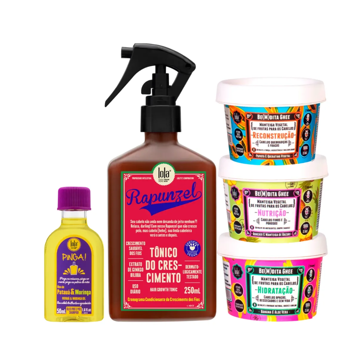 Kit Lola Rapunzel Tonico + Bemdita Ghee Cronograma 3x 100ml + Pinga! Óleo Pataúa e Moringa | By Linda