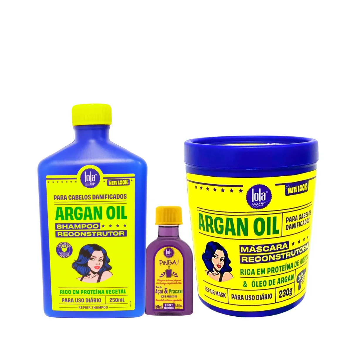 Kit Argan Oil Sh 250ml + Masc 230ml + Pinga! Óleo Açaí e Pracaxi 50ml | By Linda