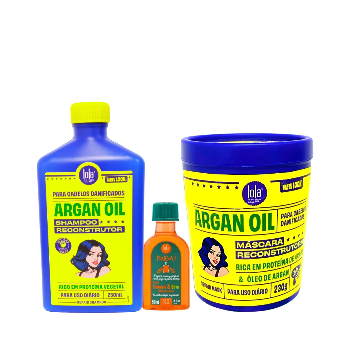 Kit Argan Oil Sh 250ml + Masc 230ml + Pinga! Óleo Cenoura e Oliva 50ml | By Linda