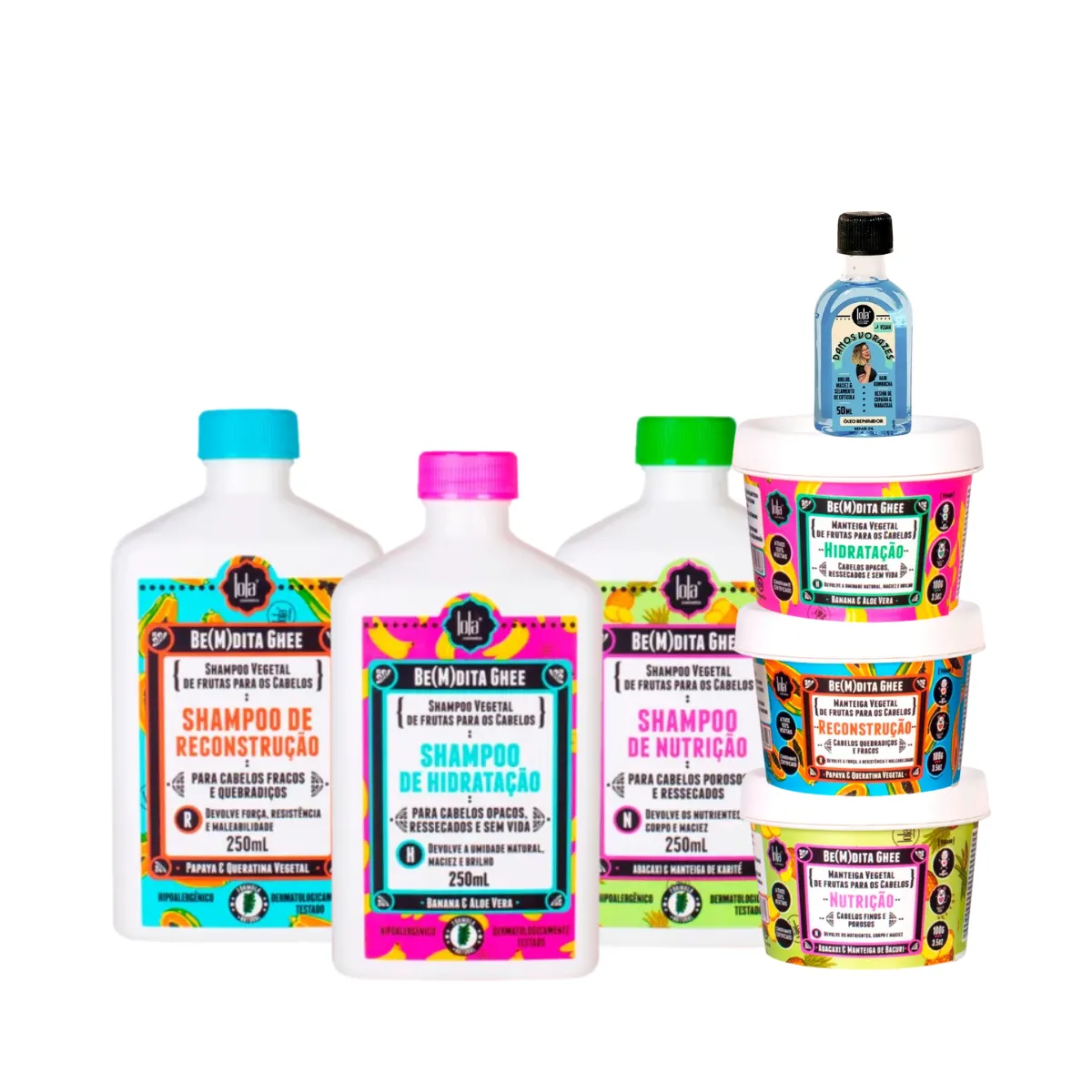 Kit Lola Cronograma Bemdita Ghee 3x Sh + 3x Masc 100ml + Danos Vorazes Óleo Reparador 50ml | By Linda
