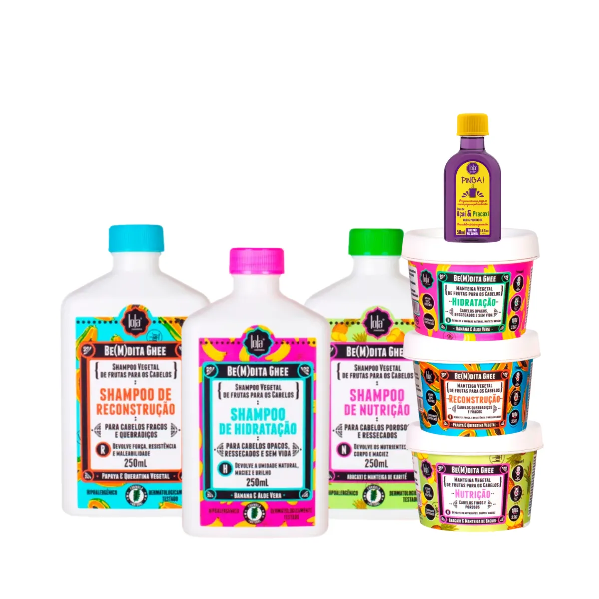 Kit Lola Cronograma Bemdita Ghee 3x Sh + 3x Masc 100ml + Pinga! Óleo Açaí e Pracaxi 50ml | By Linda