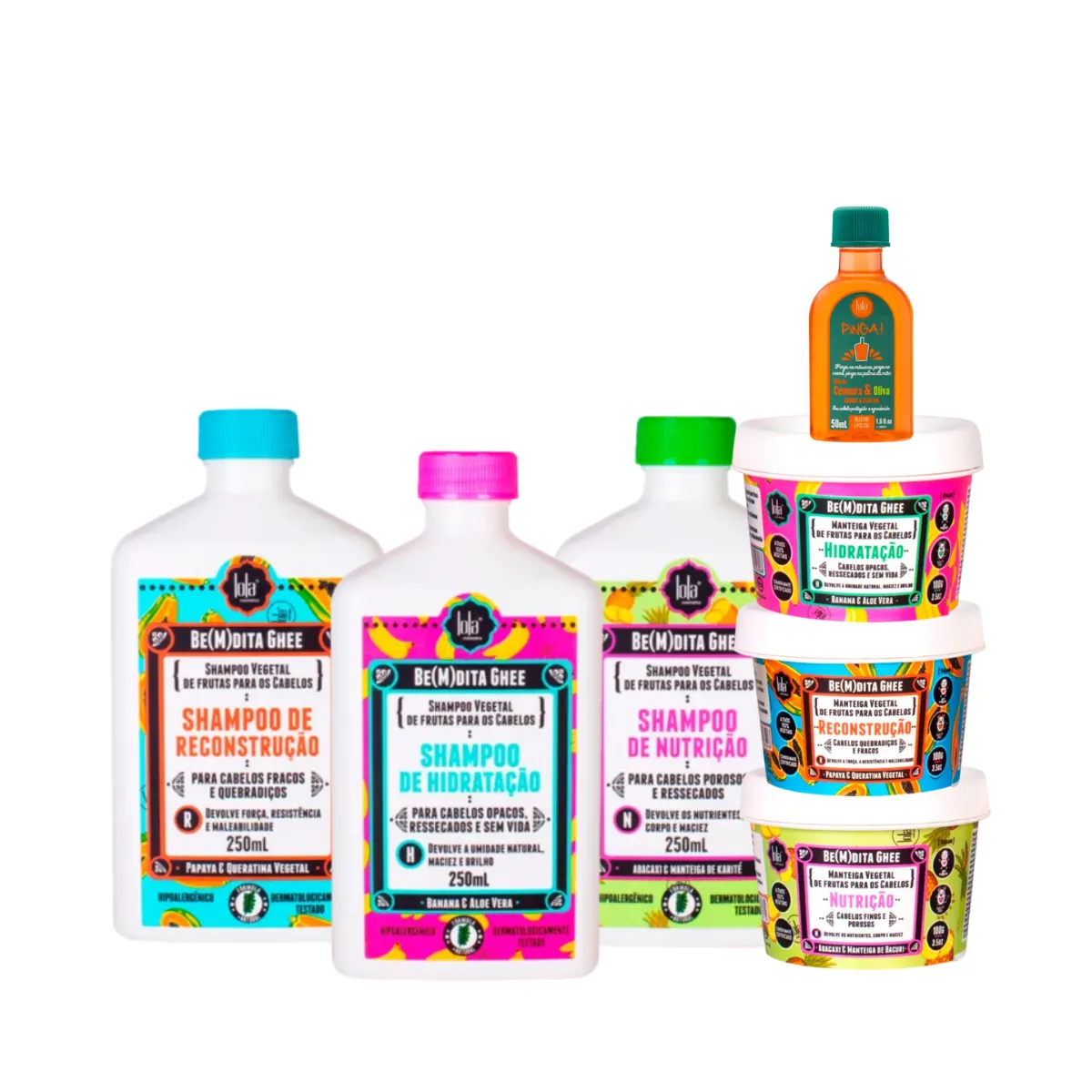 Kit Lola Cronograma Bemdita Ghee 3x Sh + 3x Masc 100ml + Pinga! Óleo Cenoura e Oliva 50ml | By Linda