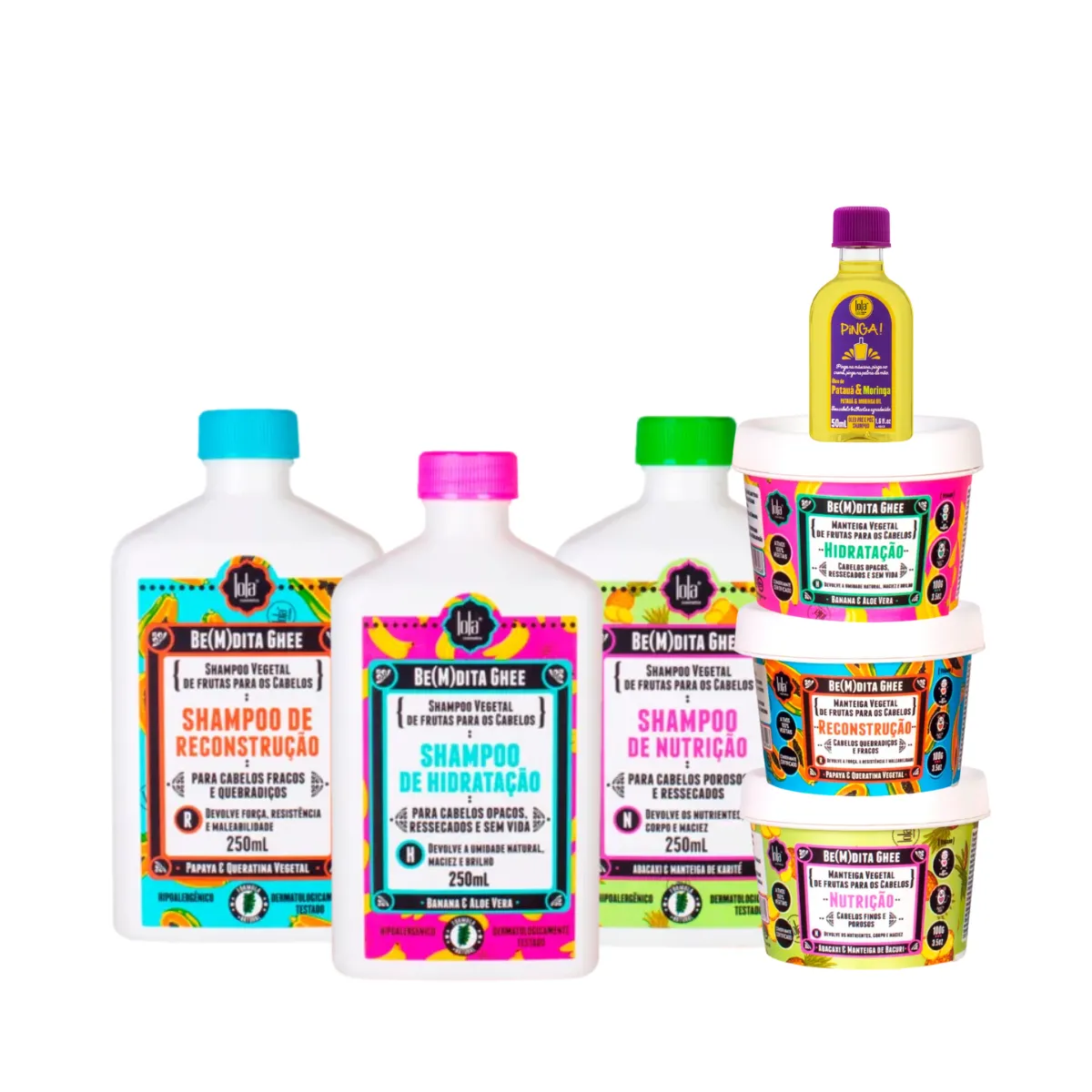 Kit Lola Cronograma Bemdita Ghee 3x Sh + 3x Masc 100ml + Pinga! Óleo Pataúa e Moringa 50ml | By Linda