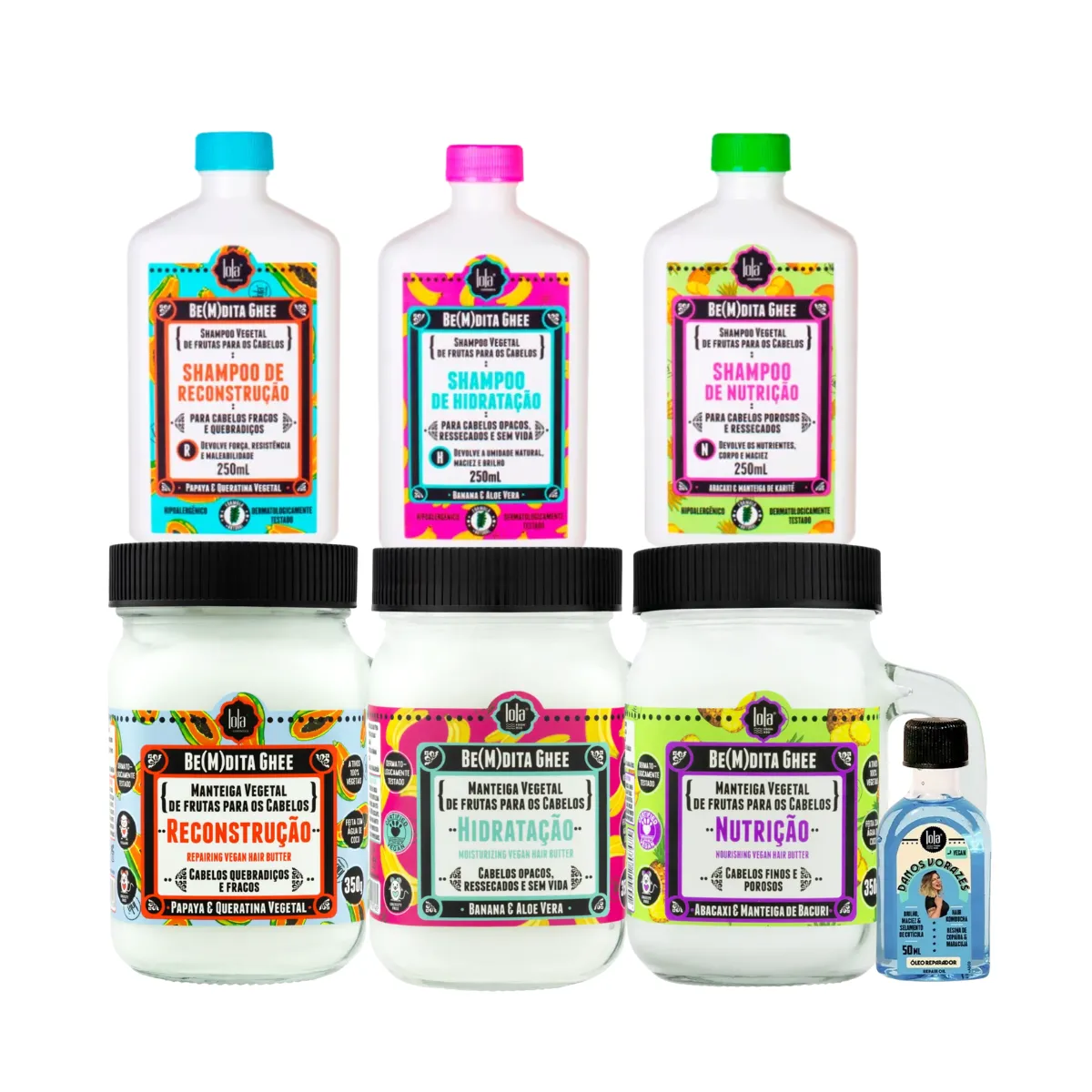 Kit Lola Cronograma Bemdita Ghee 3x Sh + 3x Masc 350ml + Danos Vorazes Óleo Reparador 50ml | By Linda