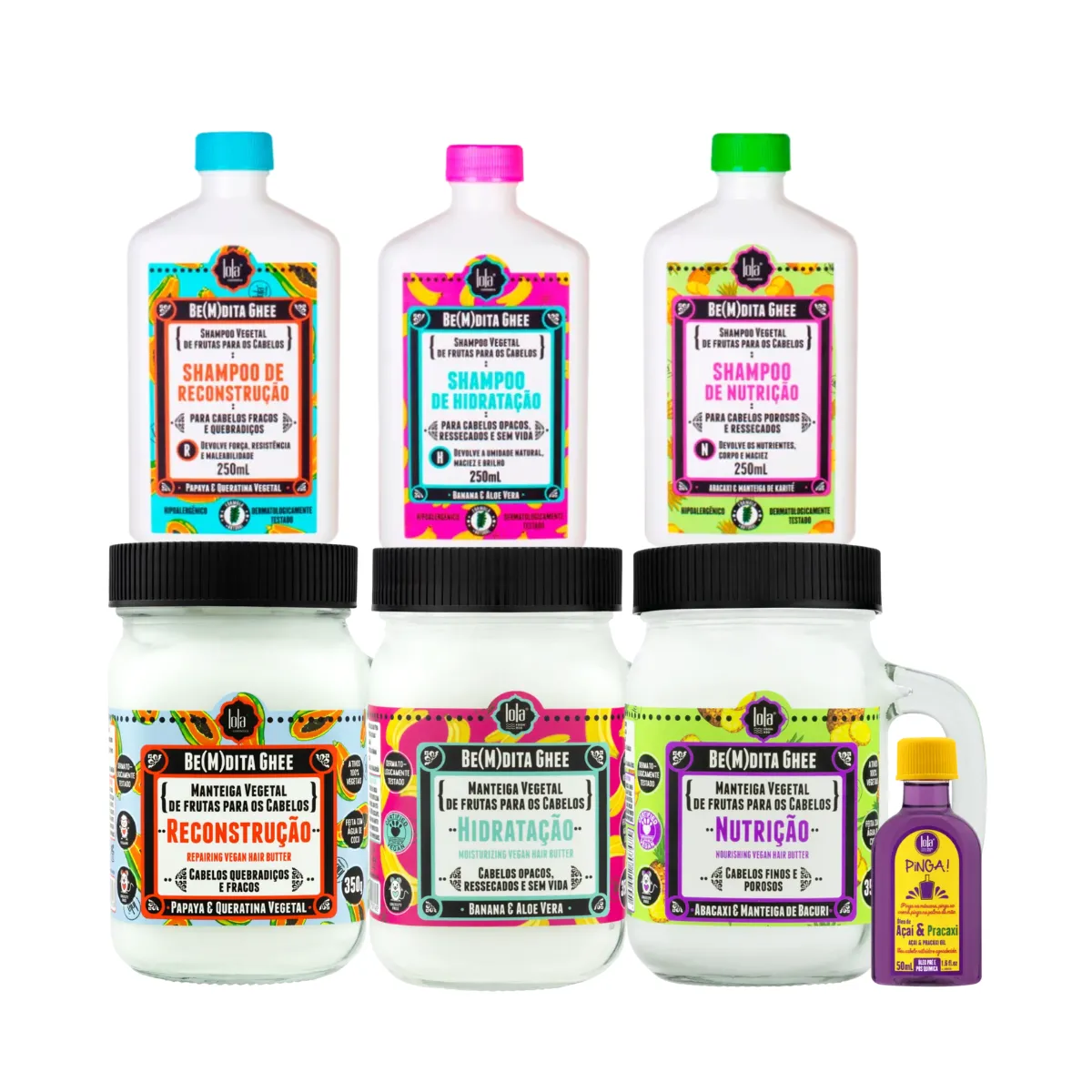 Kit Lola Cronograma Bemdita Ghee 3x Sh + 3x Masc 350ml + Pinga! Óleo Açaí e Pracaxi 50ml | By Linda