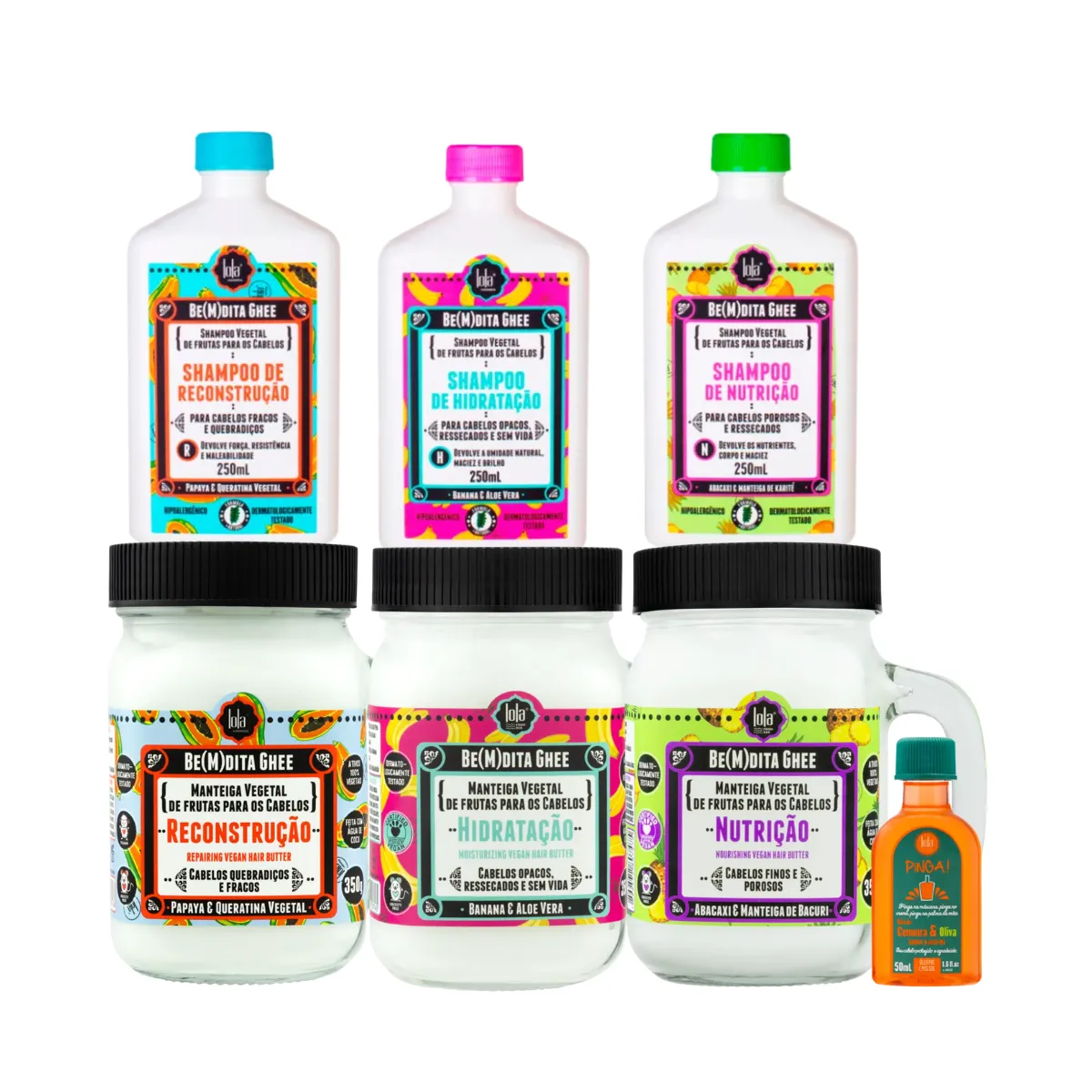 Kit Lola Cronograma Bemdita Ghee 3x Sh + 3x Masc 350ml + Pinga! Óleo Cenoura e Oliva 50ml | By Linda