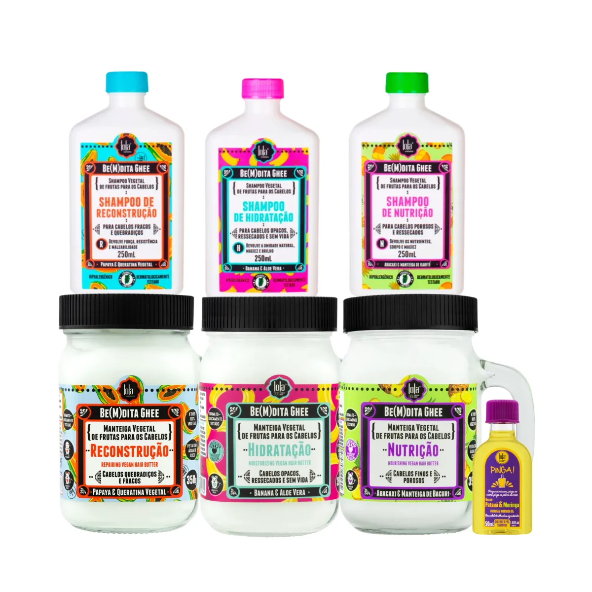 Kit Lola Cronograma Bemdita Ghee 3x Sh + 3x Masc 350ml + Pinga! Óleo Pataúa e Moringa 50ml | By Linda