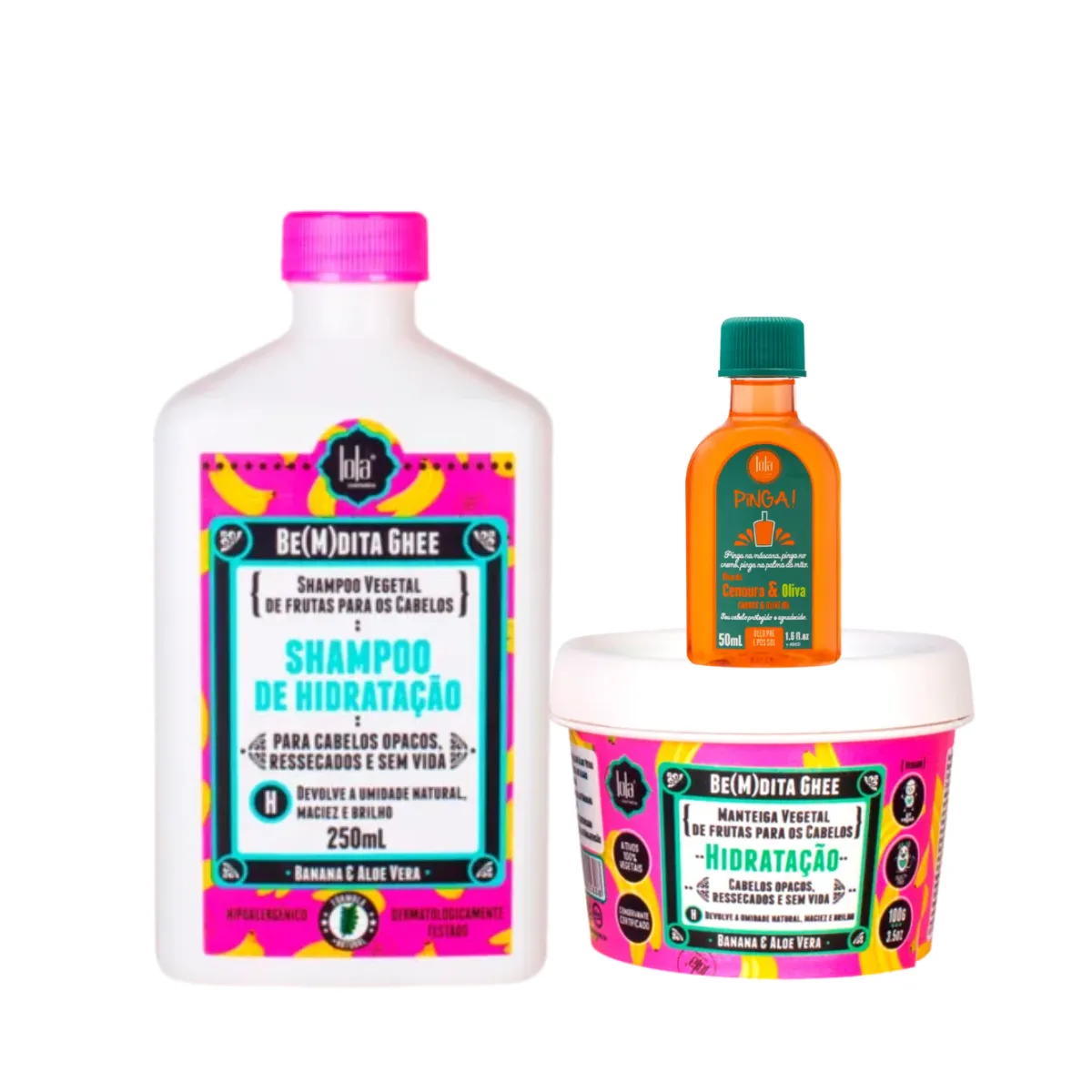 Kit Lola Bemdita Ghee Hidratação Sh 250ml + Masc 100ml + Pinga! Óleo Cenoura e Oliva 50ml | By Linda