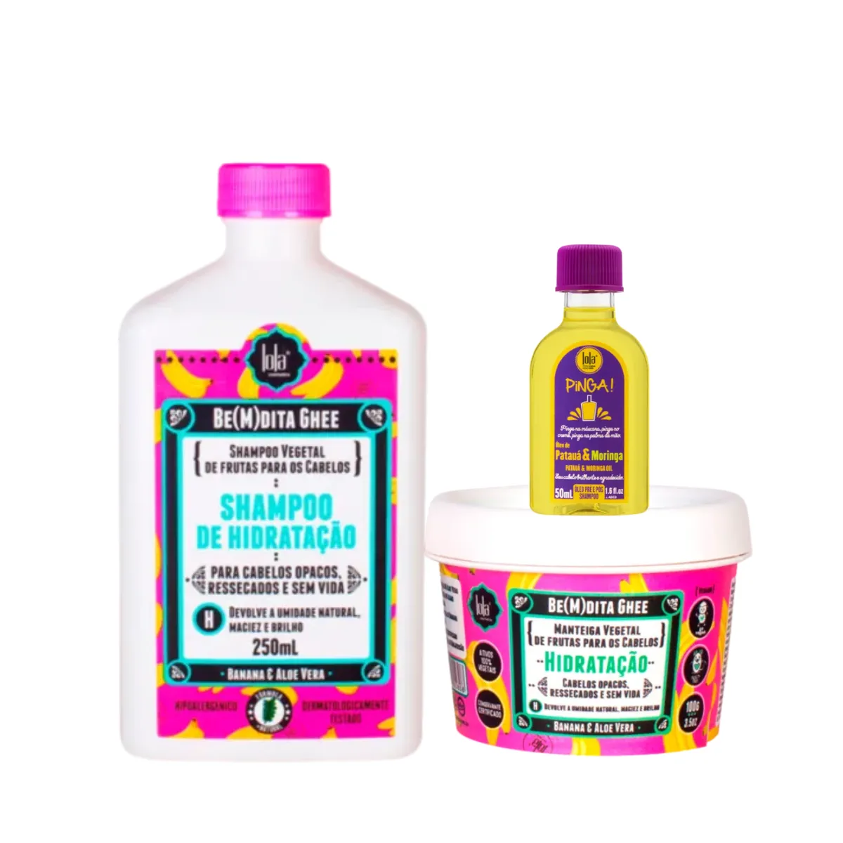 Kit Lola Bemdita Ghee Hidratação Sh 250ml + Masc 100ml + Pinga! Óleo Pataúa e Moringa 50ml | By Linda